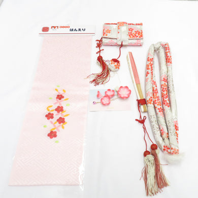 髪飾り・かんざし 刺繍半衿 帯締め 扇子 筥迫 箱迫 5点セット 女児用 ピンク 花 つまみ細工 ヘアアクセサリー 七五三