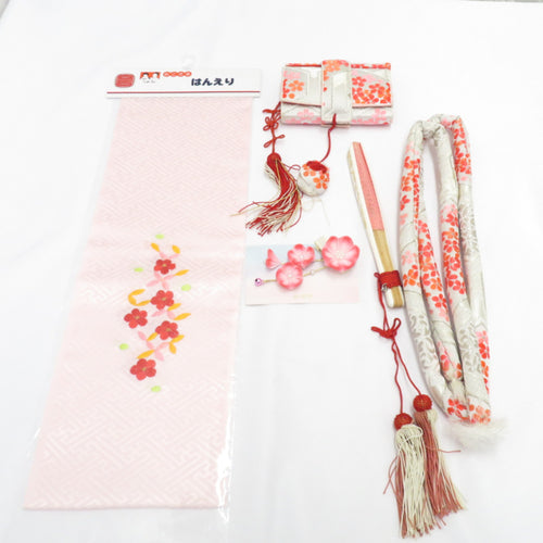 髪飾り・かんざし 刺繍半衿 帯締め 扇子 筥迫 箱迫 5点セット 女児用 ピンク 花 つまみ細工 ヘアアクセサリー 七五三