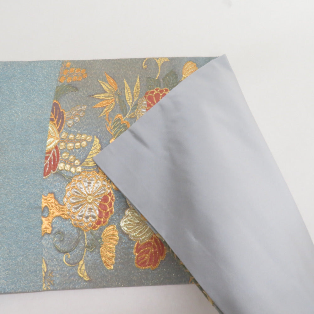 袋帯 瑞花桃山松桐紋 六通柄 灰色x金色x緑色 金銀糸 正絹 仕立て