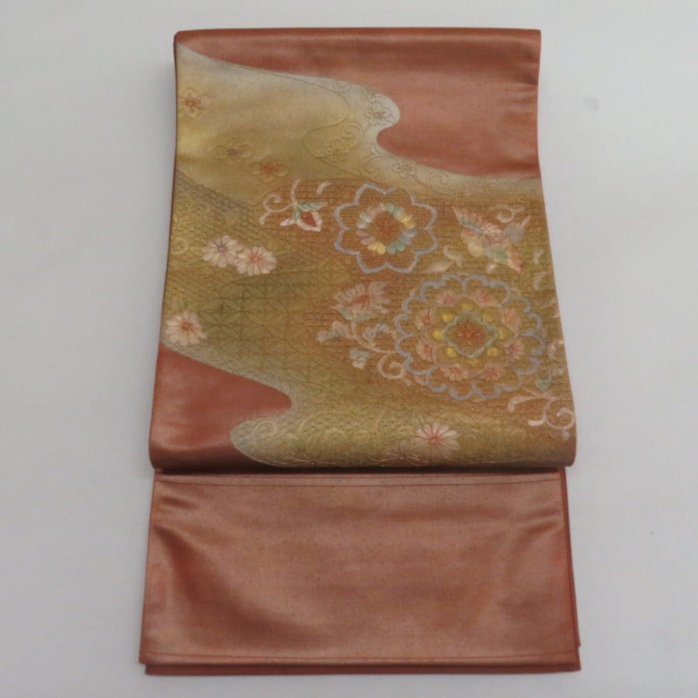袋帯 西陣織 証紙付き 蘇州刺繍 スワトウ刺繍 流水に菊や華紋文様 茶色 袋帯 西陣織 証紙付き 蘇州刺繍 スワトウ刺繍 流水に菊や華紋文様 茶色