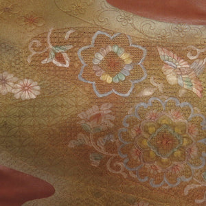 西陣織 袋帯 西陣織 証紙付き 蘇州刺繍 スワトウ刺繍 流水に菊や華紋文様 茶色ｘゴールド色 お太鼓柄 正絹 フォーマル 仕立て上がり 着物帯 長さ424cm