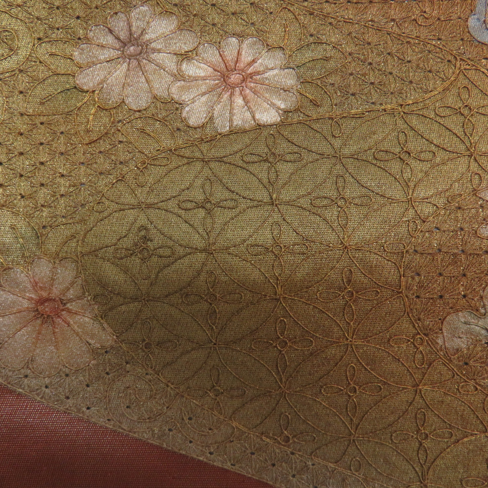 袋帯 西陣織 証紙付き 蘇州刺繍 スワトウ刺繍 流水に菊や華紋文様 茶色 