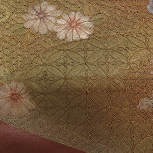 西陣織 袋帯 西陣織 証紙付き 蘇州刺繍 スワトウ刺繍 流水に菊や華紋文様 茶色ｘゴールド色 お太鼓柄 正絹 フォーマル 仕立て上がり 着物帯 長さ424cm