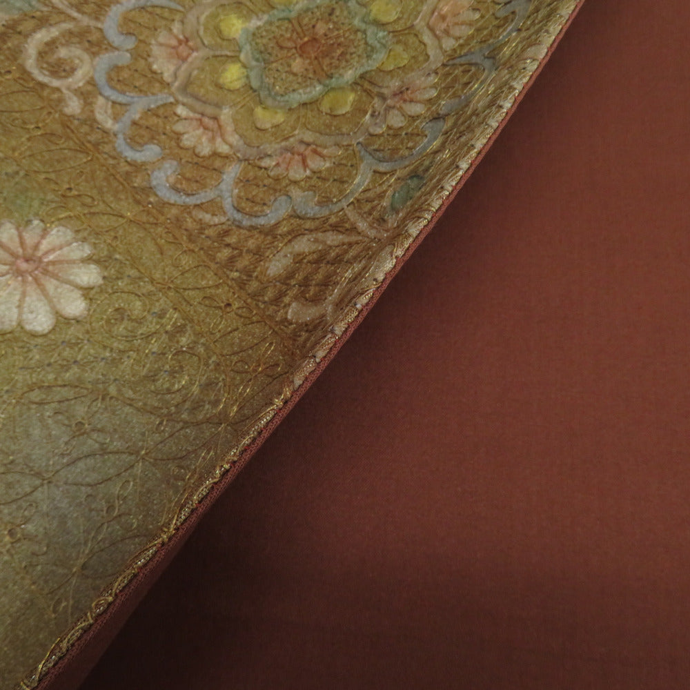 袋帯 西陣織 証紙付き 蘇州刺繍 スワトウ刺繍 流水に菊や華紋文様 茶色 袋帯 西陣織 証紙付き 蘇州刺繍 スワトウ刺繍 流水に菊や華紋文様 茶色