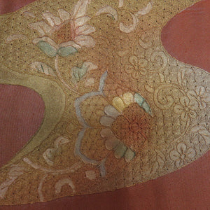 西陣織 袋帯 西陣織 証紙付き 蘇州刺繍 スワトウ刺繍 流水に菊や華紋文様 茶色ｘゴールド色 お太鼓柄 正絹 フォーマル 仕立て上がり 着物帯 長さ424cm