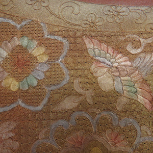 西陣織 袋帯 西陣織 証紙付き 蘇州刺繍 スワトウ刺繍 流水に菊や華紋文様 茶色ｘゴールド色 お太鼓柄 正絹 フォーマル 仕立て上がり 着物帯 長さ424cm