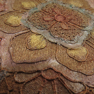 西陣織 袋帯 西陣織 証紙付き 蘇州刺繍 スワトウ刺繍 流水に菊や華紋文様 茶色ｘゴールド色 お太鼓柄 正絹 フォーマル 仕立て上がり 着物帯 長さ424cm