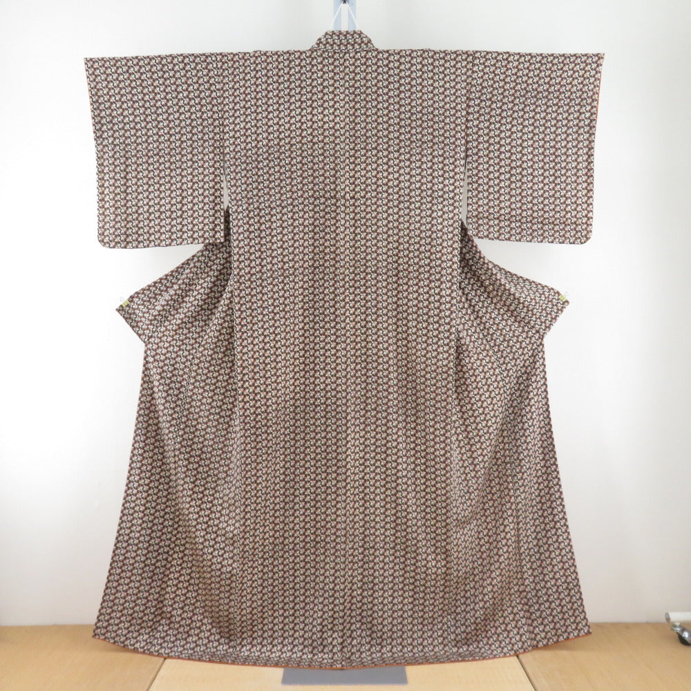 小紋 小花模様 茶色ｘクリーム色 正絹 袷 広衿 仕立て上がり着物 身丈160cm 【キモノオフ野々市若松店】 小紋 小花模様 茶色xクリーム色 正絹 袷 広衿 仕立て上がり着物【中古