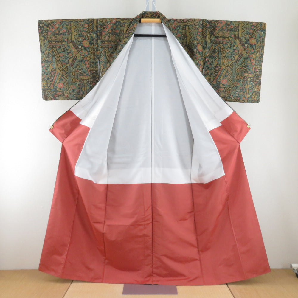 小紋 ポリエステル 袷 緑色x茶色x辛子色 切嵌模様 広衿 仕立て上がり
