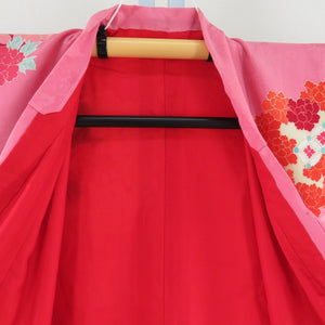 子供着物 希少 アンティーク着物 四つ身 昔きもの 子供着物 女児用 花丸文様 ローズピンク ぼかし 一つ紋 片喰紋 身丈116.5cm