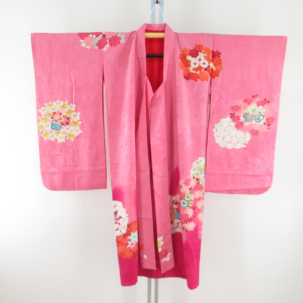 アンティーク　子ども着物　四つ身　鮮やかな発色のピンク 子供着物 希少 アンティーク着物 四つ身 昔きもの 子供着物 女児用 花