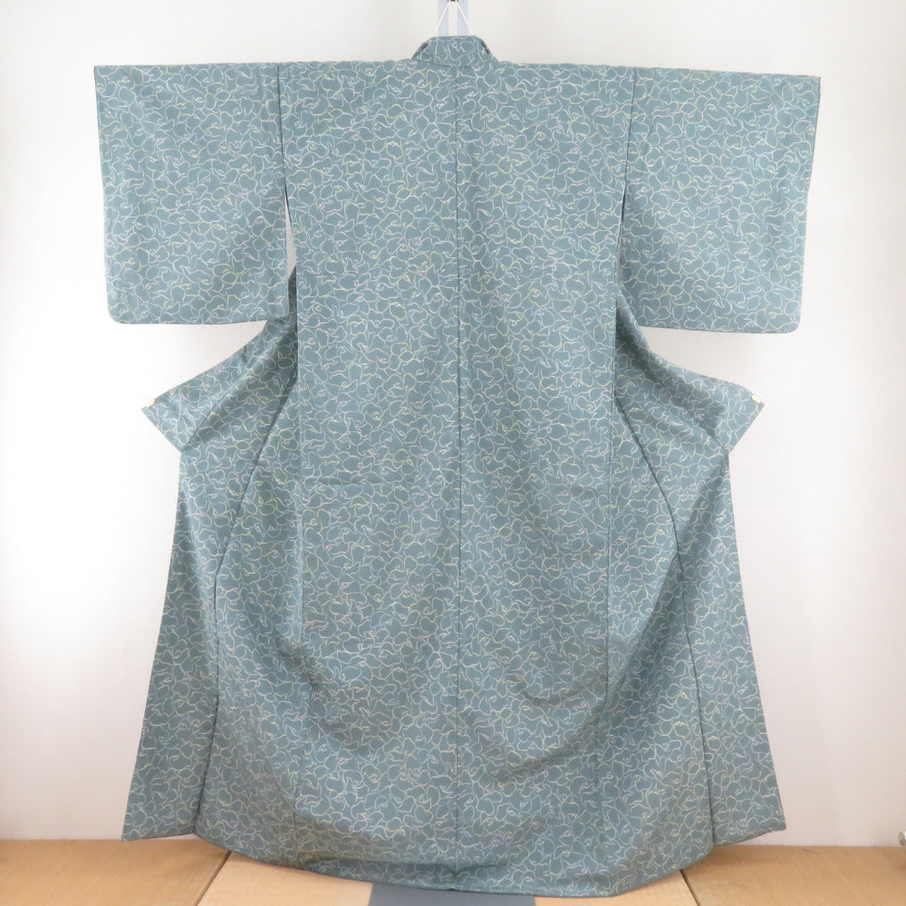 小紋 単衣 広衿 薄紫x黄緑 オシドリ模様 正絹 カジュアル 仕立て