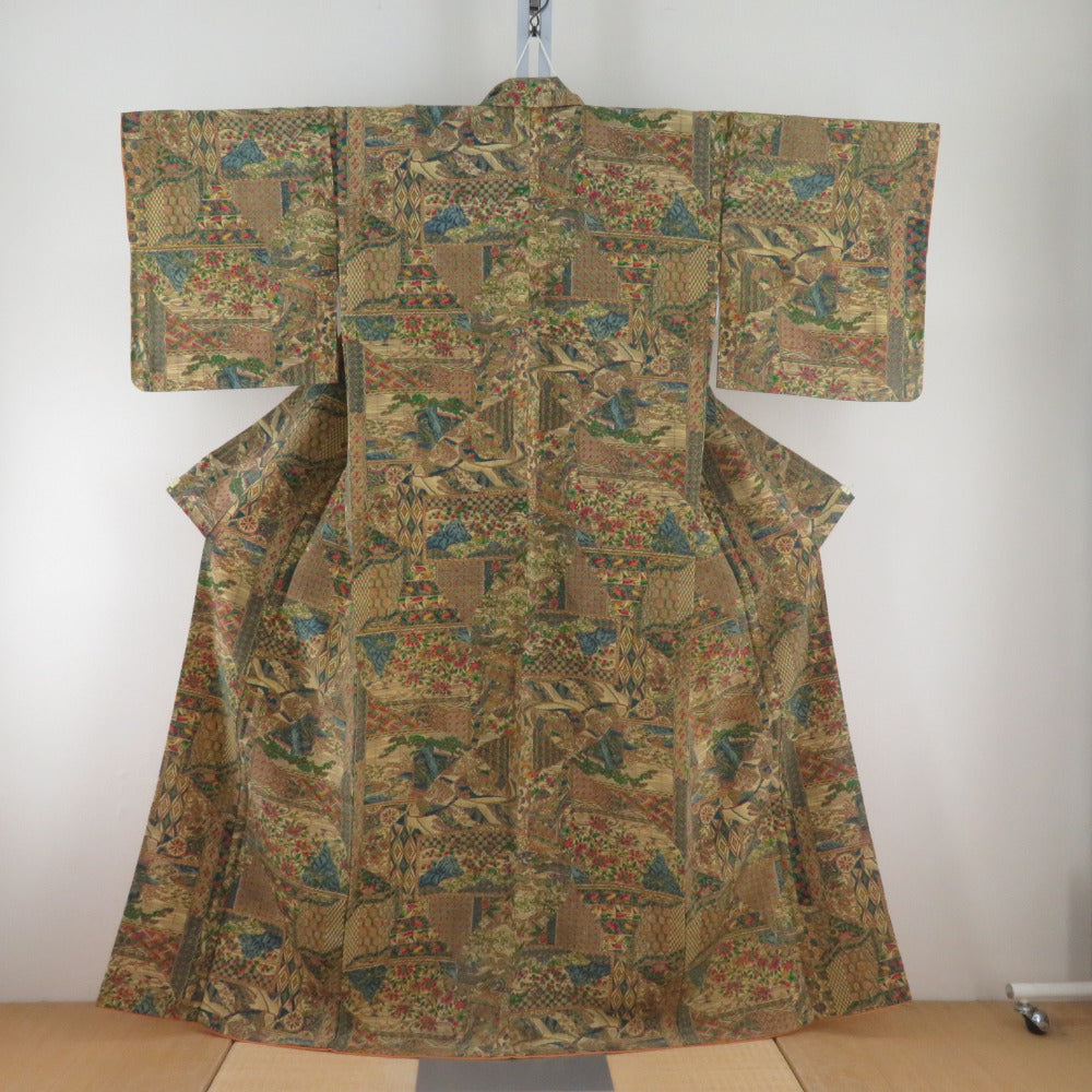 小紋 袷 黄色x緑色x多色 切嵌模様 正絹 広衿 仕立て上がり着物【中古