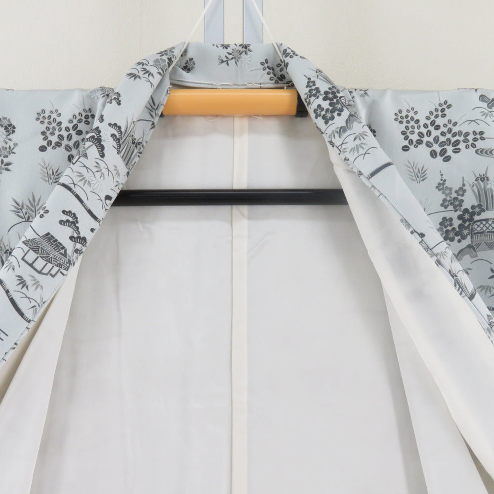 小紋 袷 風景模様 グレーブルー 正絹 広衿 仕立て上がり着物【中古