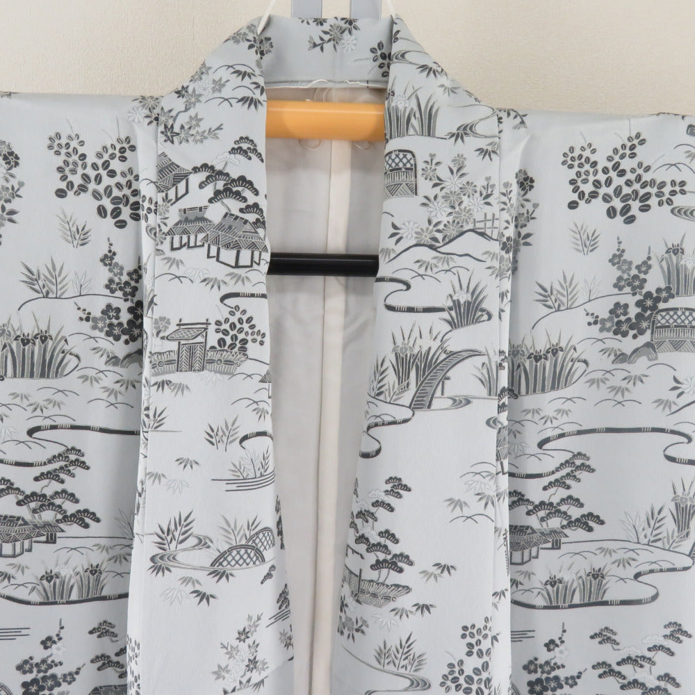 小紋 袷 風景模様 グレーブルー 正絹 広衿 仕立て上がり着物【中古