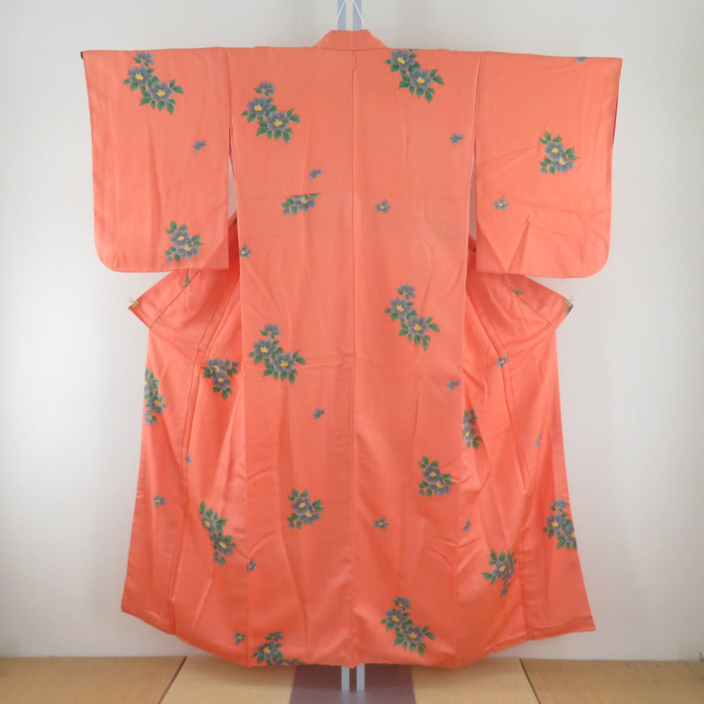 子供着物 オレンジ色ｘ緑色 バチ衿 花模様 女児用 絹 身丈151cm 【キモノオフ野々市若松店】 子供着物 オレンジ色x緑色 バチ衿 花模様 女児用 絹【中古