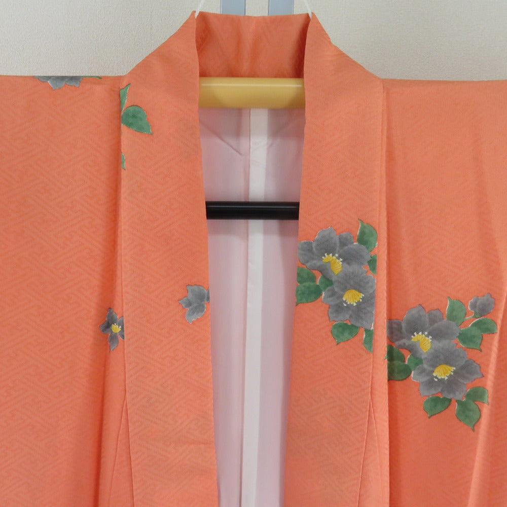子供着物 オレンジ色ｘ緑色 バチ衿 花模様 女児用 絹 身丈151cm 【キモノオフ野々市若松店】 子供着物 オレンジ色x緑色 バチ衿 花模様 女児用 絹【中古