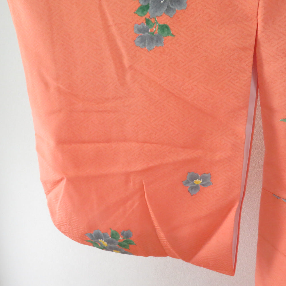 子供着物 オレンジ色x緑色 バチ衿 花模様 女児用 絹【中古