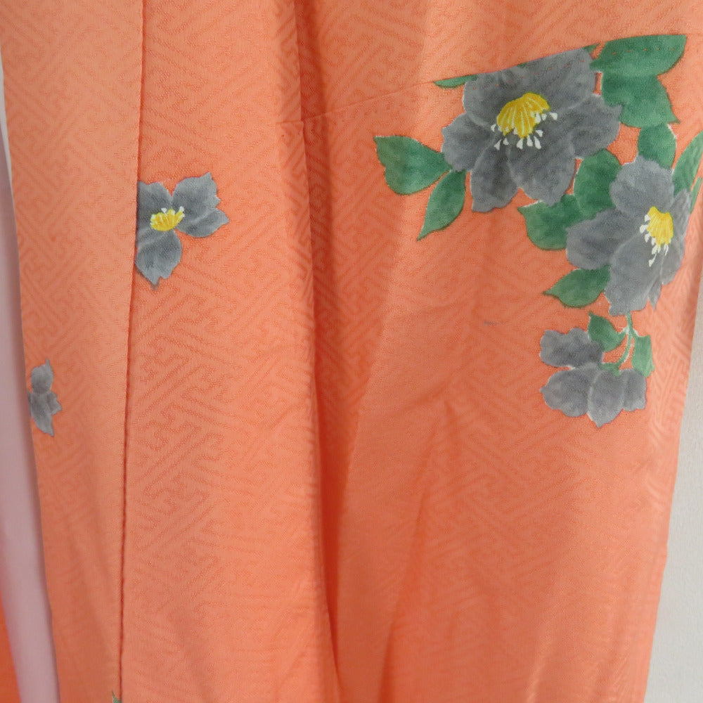 子供着物 オレンジ色x緑色 バチ衿 花模様 女児用 絹【中古