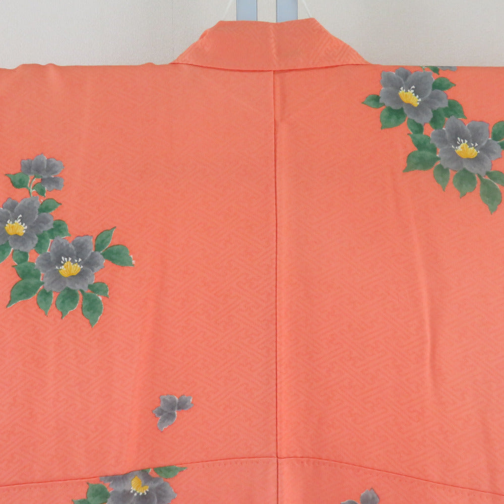 子供着物 オレンジ色x緑色 バチ衿 花模様 女児用 絹【中古 子供着物 オレンジ色x緑色 バチ衿 花模様 女児用 絹【中古