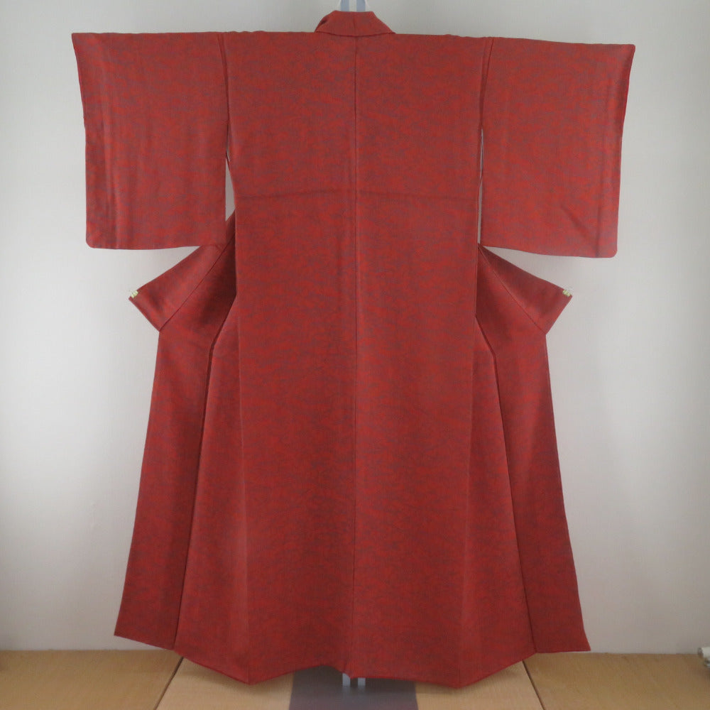 小紋 袷 縮緬 竹模様 茶色x灰色 正絹 広衿 仕立て上がり着物【中古