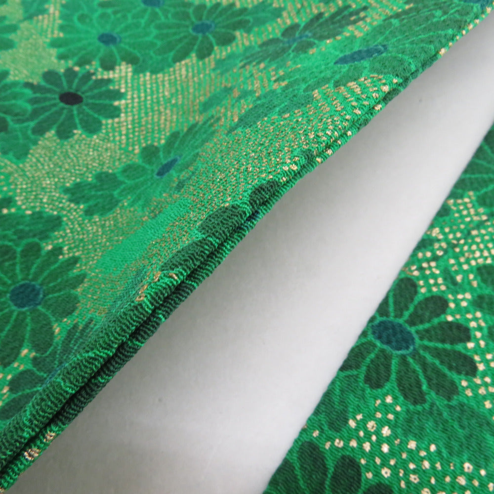 【未使用保管品】正絹 反物 染元丸亀屋 緑色 鶯色 堅牢草木染作家 圓啓 16m 名古屋帯 正絹 縮緬 緑色x金色 菊模様 全通柄 カジュアル 手先