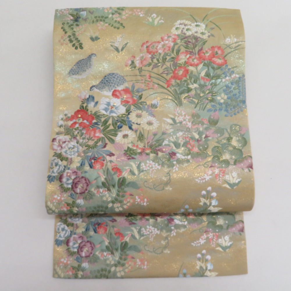 袋帯 ゴールドｘ緑色ｘ多色 花々に雷鳥模様 六通柄 正絹 仕立て上がり 着物帯 長さ432cm 【キモノオフ野々市若松店】 袋帯 ゴールドx緑色x多色 花々に雷鳥模様 六通柄 正絹 仕立て上がり