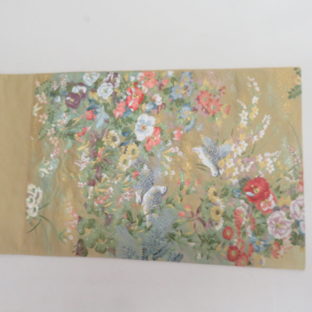 袋帯 ゴールドx緑色x多色 花々に雷鳥模様 六通柄 正絹 仕立て上がり