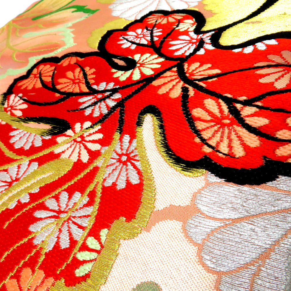 アンティーク名古屋帯 夏帯ピンク地 花刺繍 大正ロマン 名古屋帯 アンティーク帯 昔名古屋帯 サーモンピンク 金 銀 赤 緑 白
