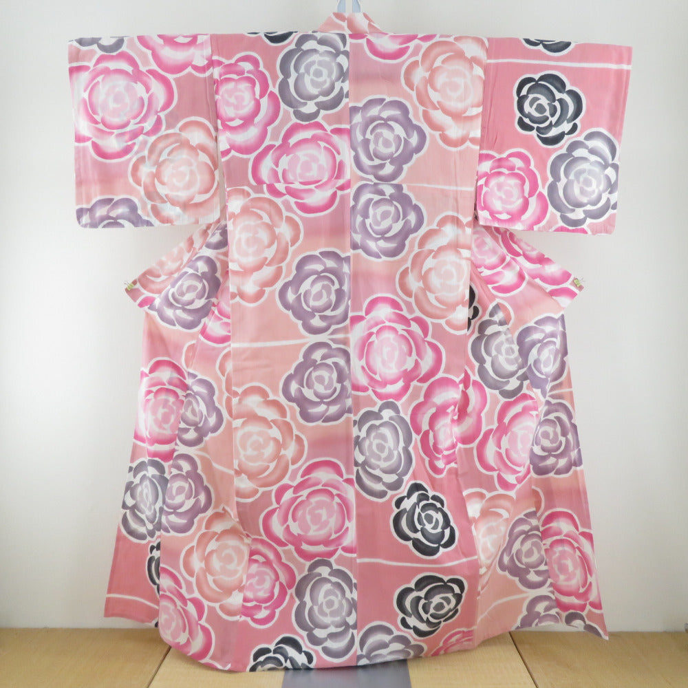 TSUMORI CHISATO (ツモリチサト) 浴衣 女性用ゆかた ピンク色ｘグレー色ｘ薄紫色 薔薇柄 夏物 レディース 仕立て上がり 身丈158cm 【キモノオフ野々市若松店】 浴衣 女性用ゆかた ピンク色xグレー色x薄紫色 薔薇柄 夏物