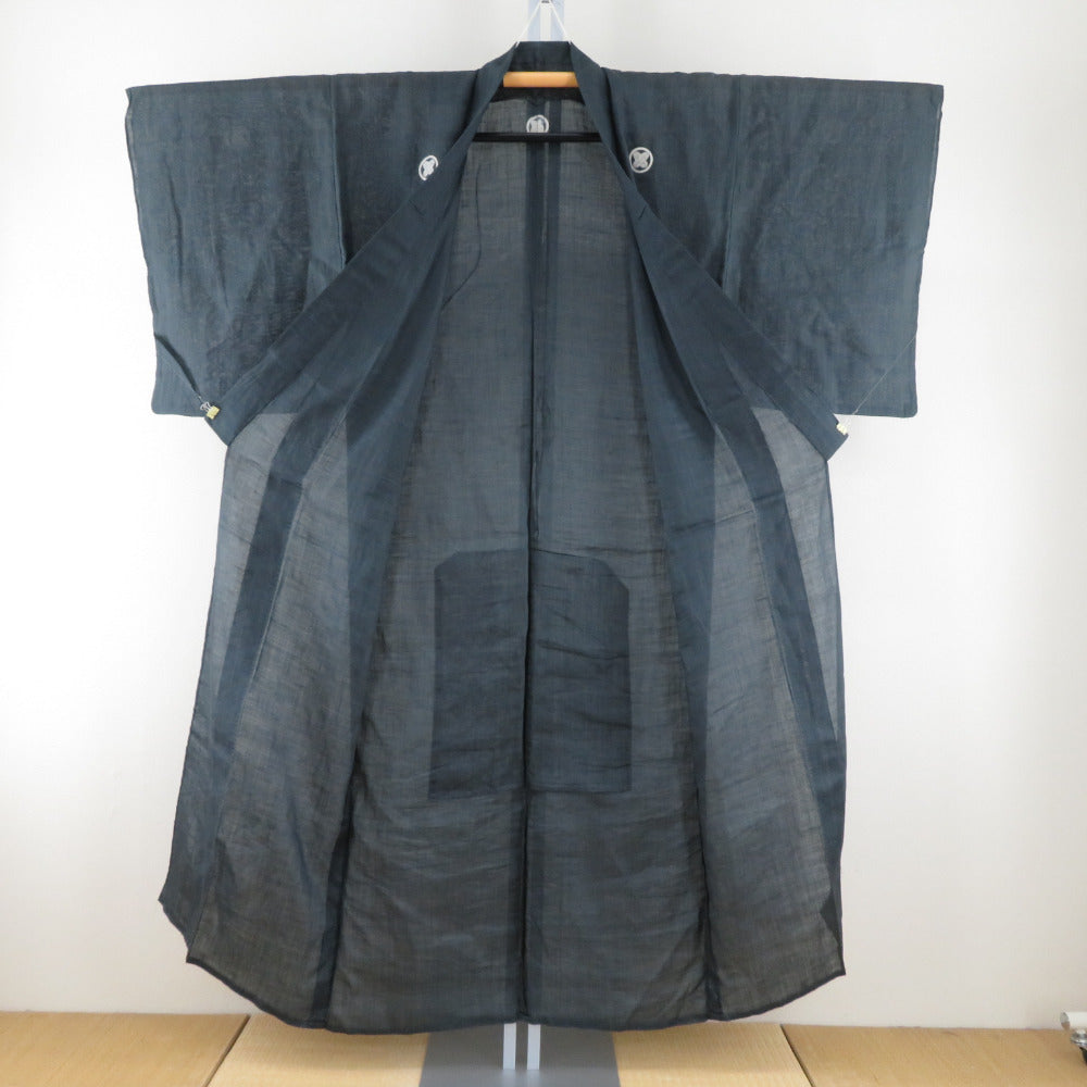 男着物 本麻 上布 男性用 紋付着物 丸に違い鷹の羽紋 夏用 黒色 礼装