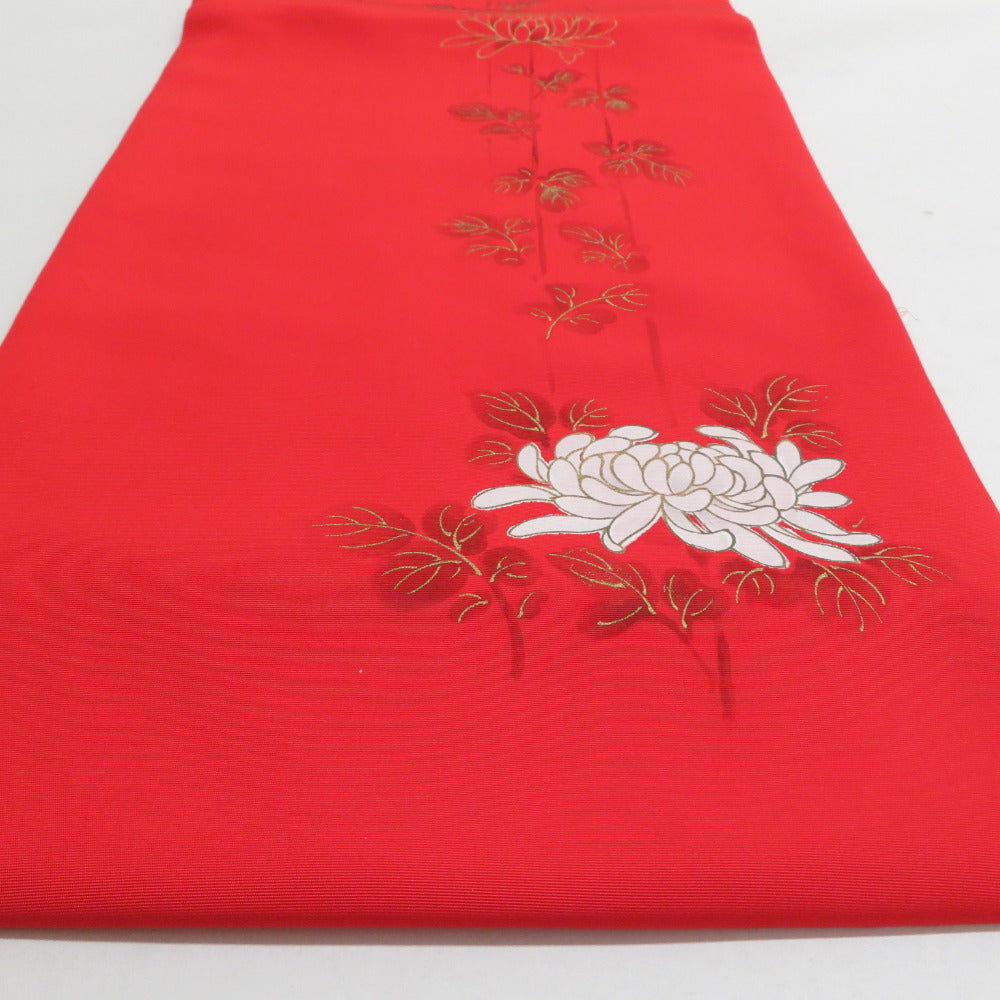 名古屋帯 正絹 塩瀬 赤地 赤色ｘ白色ｘ金色 金糸 刺繍入り 菊模様 お太鼓柄 仕立て上がり 着物帯 長さ340cm 【キモノオフ野々市若松店】 名古屋帯 正絹 塩瀬 赤地 赤色x白色x金色 金糸 刺繍入り 菊模様