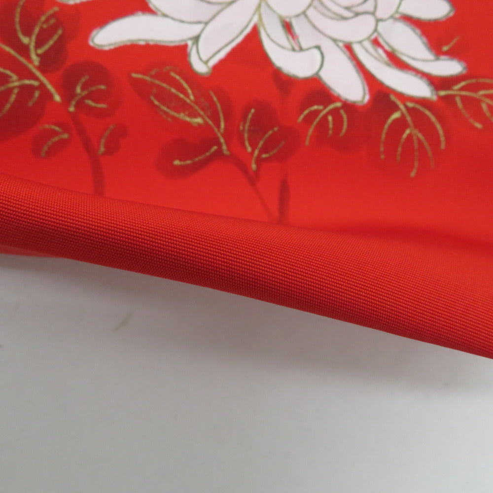 名古屋帯 正絹 塩瀬 赤地 赤色x白色x金色 金糸 刺繍入り 菊模様