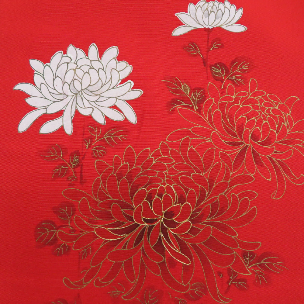 名古屋帯 正絹 塩瀬 赤地 赤色ｘ白色ｘ金色 金糸 刺繍入り 菊模様 お太鼓柄 仕立て上がり 着物帯 長さ340cm 【キモノオフ野々市若松店】 名古屋帯 正絹 塩瀬 赤地 赤色x白色x金色 金糸 刺繍入り 菊模様