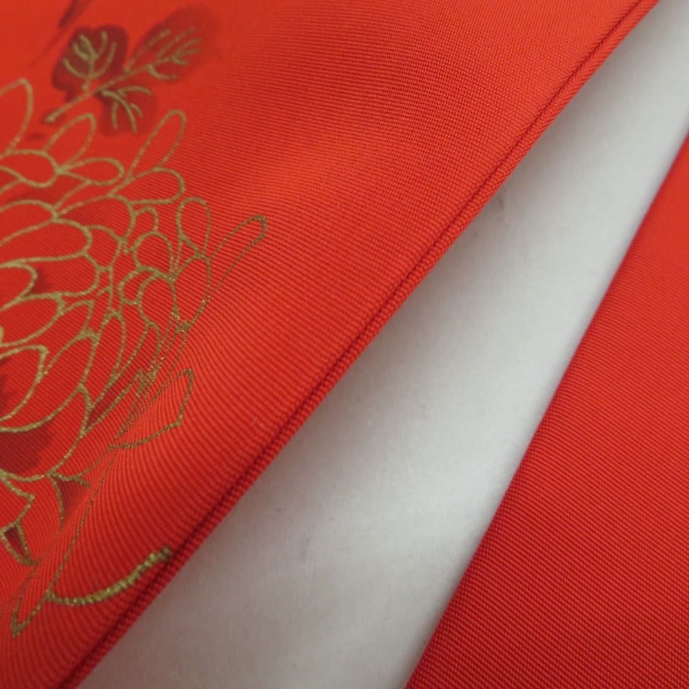 名古屋帯 正絹 塩瀬 赤地 赤色ｘ白色ｘ金色 金糸 刺繍入り 菊模様 お太鼓柄 仕立て上がり 着物帯 長さ340cm 【キモノオフ野々市若松店】 名古屋帯 正絹 塩瀬 赤地 赤色x白色x金色 金糸 刺繍入り 菊模様
