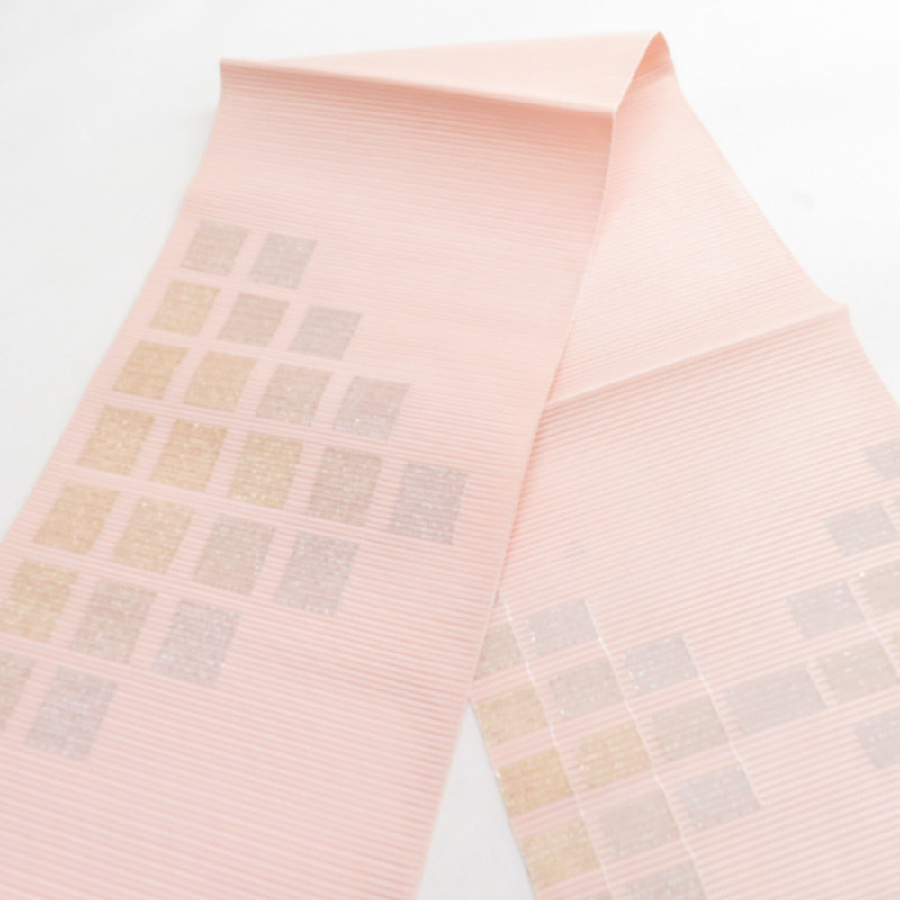 名古屋帯 絹 絽 夏用 四角文様 薄ピンク色x金色x銀色 金糸銀糸