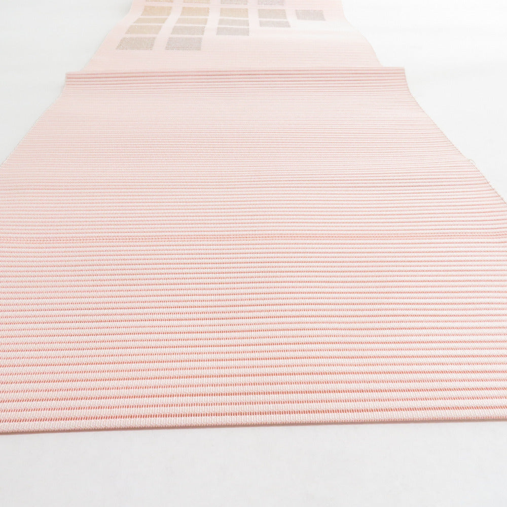 名古屋帯 絹 絽 夏用 四角文様 薄ピンク色x金色x銀色 金糸銀糸