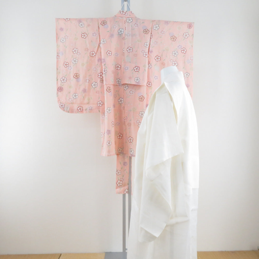子供着物 夏用 絽 正絹 女の子用 四つ身 襦袢セット サーモンピンク 桜