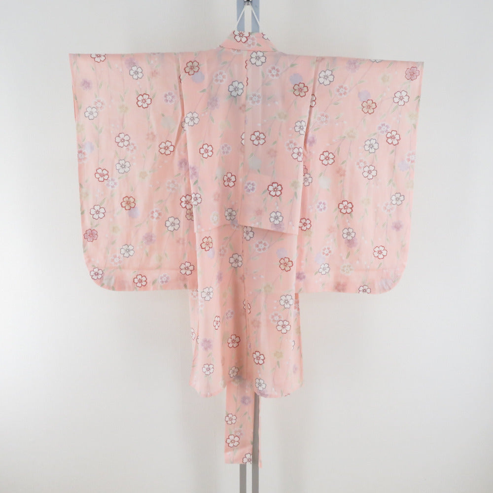 子供着物 夏用 絽 正絹 女の子用 四つ身 襦袢セット サーモンピンク 桜柄 半衿付き カジュアル 女児 子供きもの 身丈87cm 【キモノオフ野々市若松店】 子供着物 夏用 絽 正絹 女の子用 四つ身 襦袢セット サーモンピンク 桜
