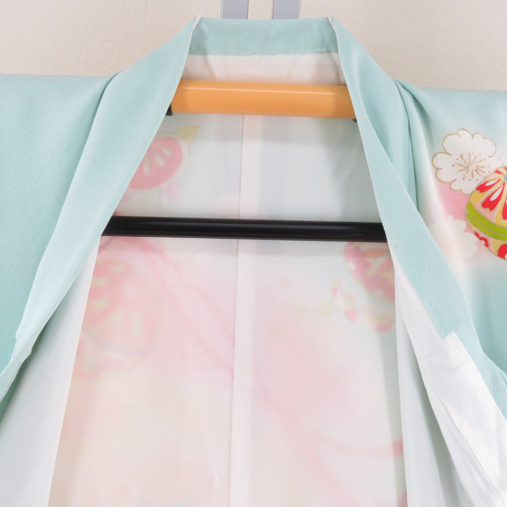 子供着物 女の子用 四つ身 襦袢セット 手毬に花々模様 水色x多色 一つ