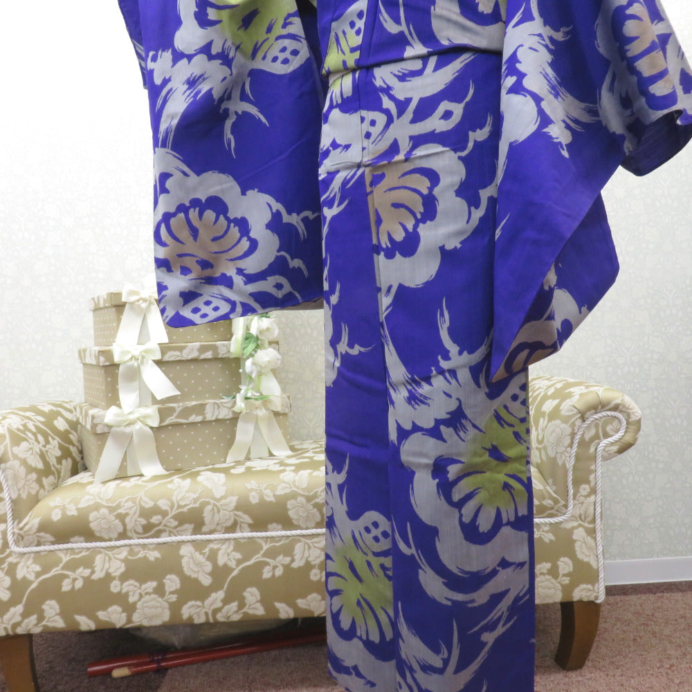 その他着物 アンティーク 単衣 紫 グレー 黄 茶 松 バチ衿 正絹 レトロ