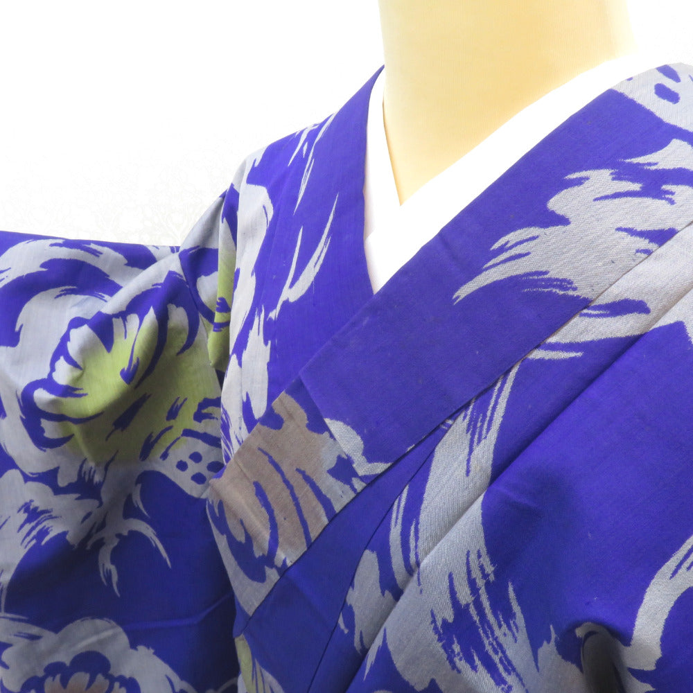 その他着物 アンティーク 単衣 紫 グレー 黄 茶 松 バチ衿 正絹 レトロ