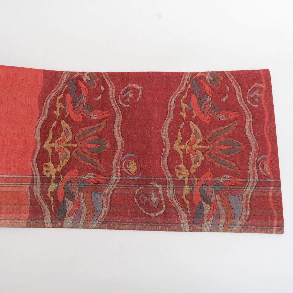 袋帯 洒落袋帯 すくい織り 赤茶系 朱色x黄色x多色 エスニック調 鳥に