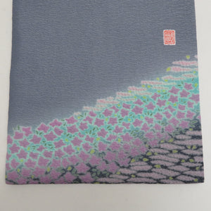 袋帯 洒落袋帯 辻が花 滝泰 落款入り グレーｘライトグリーンｘ多色 花畑模様 お太鼓柄 正絹 仕立て上がり 着物帯 長さ480cm