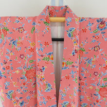 画像をギャラリービューアに読み込む, 小紋 袷 草花模様 サーモンピンクｘ青色ｘ多色 型染め 正絹 バチ衿 仕立て上がり着物 身丈165cm