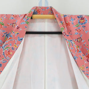 小紋 袷 草花模様 サーモンピンクｘ青色ｘ多色 型染め 正絹 バチ衿 仕立て上がり着物 身丈165cm
