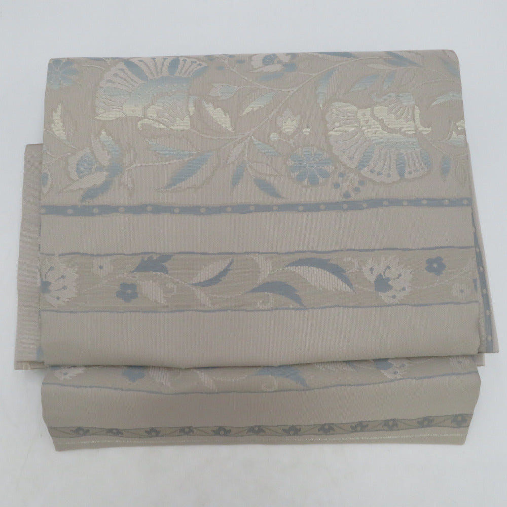 名古屋帯 作り帯 付帯 正絹 つづれ織り グレーｘブルー 草花模様 仕立て上がり 着物帯 きものやまと ワンタッチ帯 【キモノオフ野々市若松店】 名古屋帯 作り帯 付帯 正絹 つづれ織り グレーxブルー 草花模様