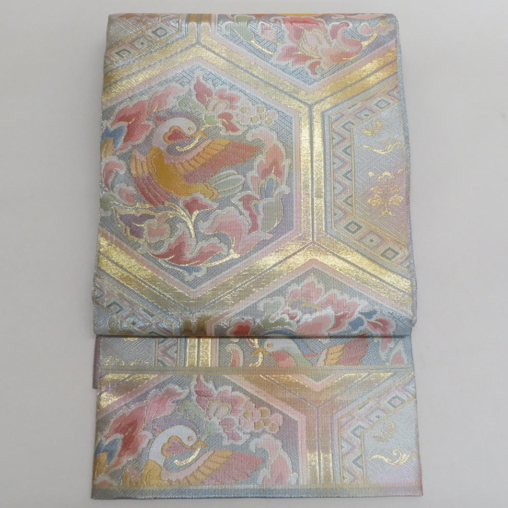 袋帯 佐賀錦 野々村織物 亀甲に鳥文 金糸銀糸 多色  正絹 仕立て上がり 長さ448cm 【キモノオフ野々市若松店】 袋帯 佐賀錦 野々村織物 亀甲に鳥文 金糸銀糸 多色 正絹 仕立て上がり