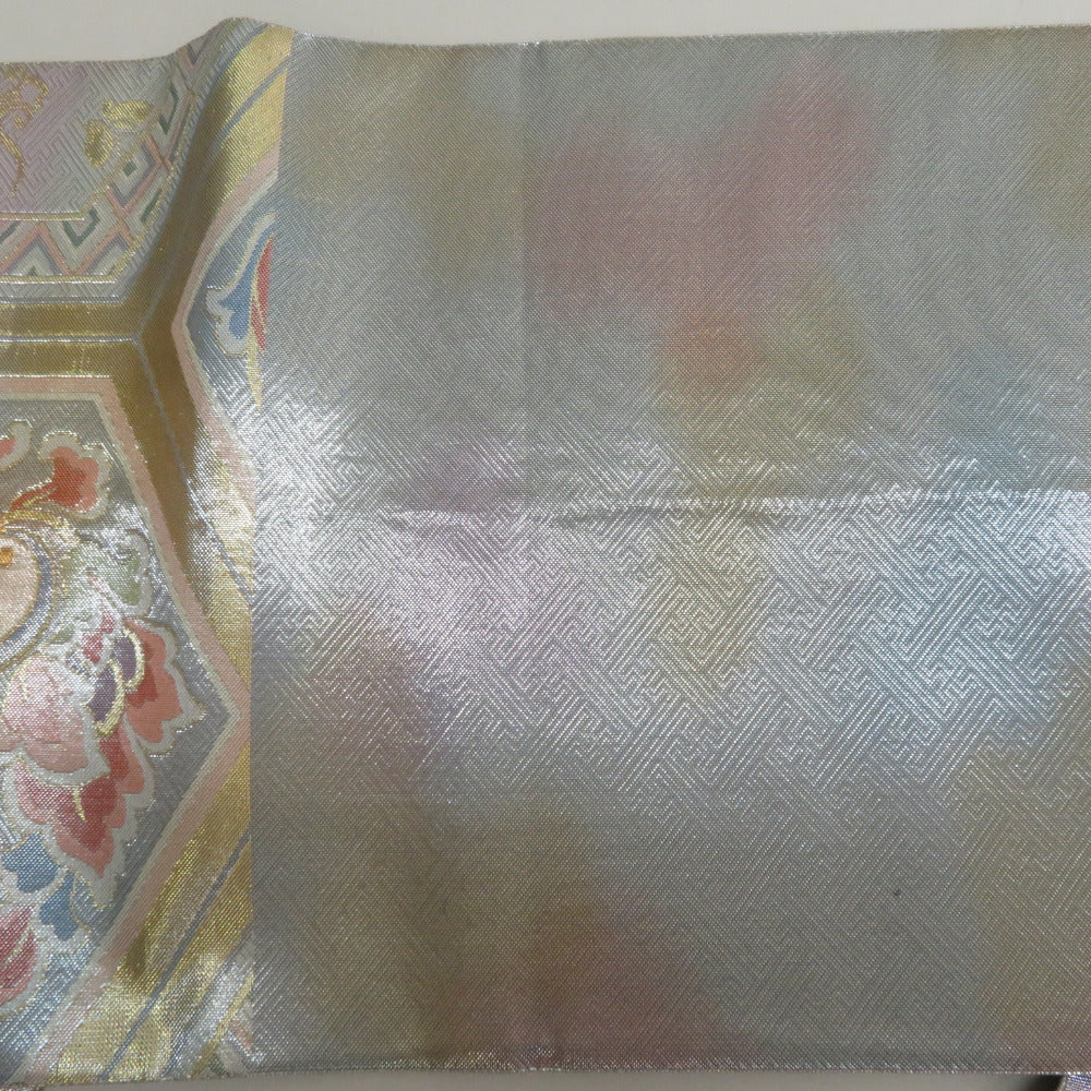 袋帯 佐賀錦 野々村織物 亀甲に鳥文 金糸銀糸 多色  正絹 仕立て上がり 長さ448cm 【キモノオフ野々市若松店】 袋帯 佐賀錦 野々村織物 亀甲に鳥文 金糸銀糸 多色 正絹 仕立て上がり