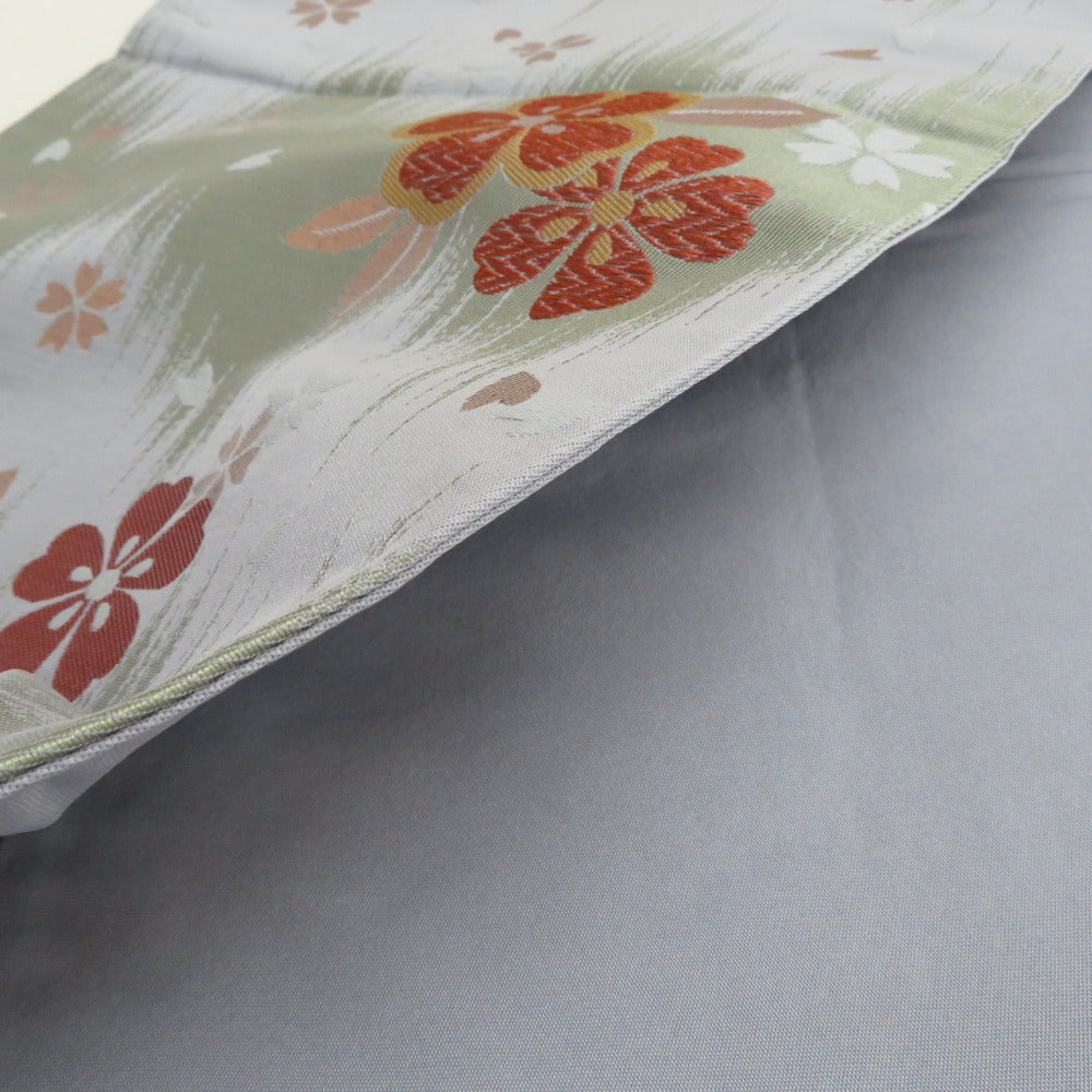 名古屋帯 京袋帯 ポリエステル 灰色x緑色xエンジ色 六通柄 桜紋様